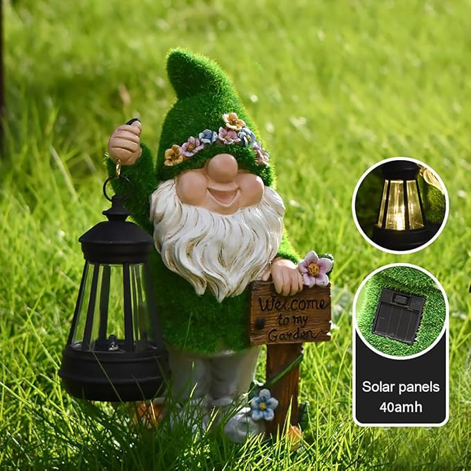 VINIUSIKI Solar Garden Gnome Statues with Lantern Light, Easter Outdoor Decorations for Porch Patio, Gifts for Women and Men, Decorative Resin Statue for Outdoor Patio Yard