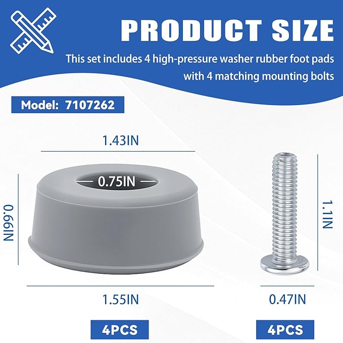 7107262 Gas Pressure Pressure Washer Rubber Feet Replacement for Most Gas Pressure Washer Frame Foot Parts Enhanced Pressure Washers Stability and Surface Protection (2 Pack)
