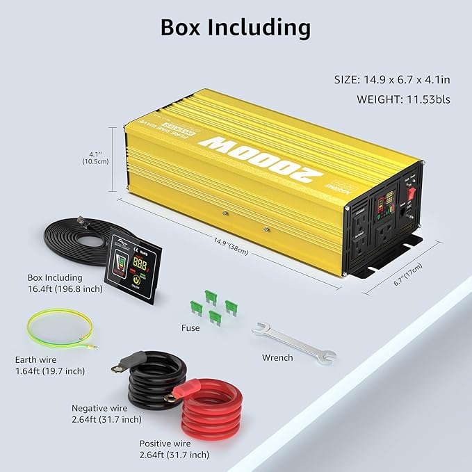 XWJNE 2000 Watt Pure Sine Wave Inverter 12V DC to 120V AC 4000W Peak Power Converter with LED Display and Remote Controller for Home, RV, Truck, Off-Grid Solar