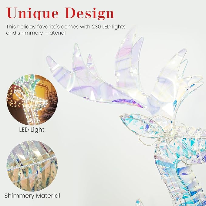 Lamerge Lighted Reindeer Family Set of 3, Christmas Decorative Deer with Red Bow and Ground Stake, Indoor or Outdoor Christmas Holiday Decoration for Yards Lawn Patio -Rainbow Color