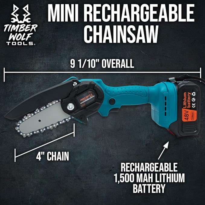 Timber Wolf Tools Mini Rechargeable Chainsaw with Carry Case | 4" Chain | ABS Body | Includes Two 1,500mAh Batteries & Charger | Lightweight and Portable | Tools and Accessories Included