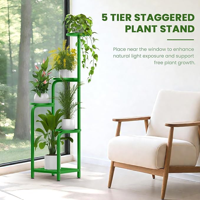 TOSKING 5 Tier Tall Plant Stand Indoor Outdoor, Heavy Duty Corner Shelf for Plants & Decor, Space Saving 3.9FT Metal Flower Pot Stand for Balcony, Garden, Living Room, Patio (Green, 47in)