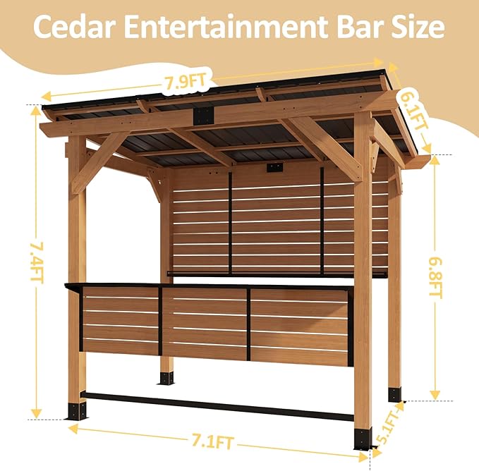 6x8FT Cedar Wood Entertainment Bar Center - Modern Outdoor Bar Gazebo with Galvanized Steel Roof & TV Support Bracket, Backyard Hub with Shelves for Gatherings, Parties, Grilling & Leisure