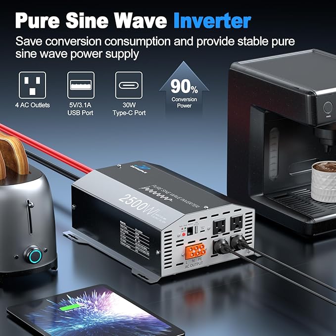 48V 2500 Watt Pure Sine Wave Inverter - 48V DC to 110V 120V AC Converter,5000W Peak Power Inverter with 4 AC Outlets,USB Port,Type-C,Remote Control LCD Display for Truck, RV, Vehicles, Solar Off-Grid