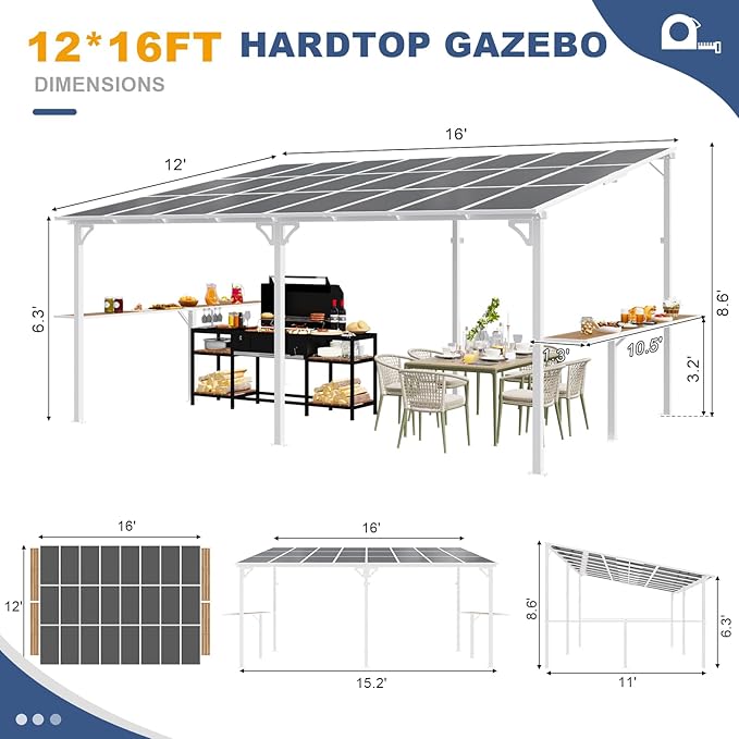 MEISSALIVVE 12' x 16' Wall Mounted Gazebo, Outdoor BBQ Grill Gazebo with Side Shelf, Lean to Metal Awnings with Sloped Roof, Heavy Duty Pergola for Backyard, Deck, White