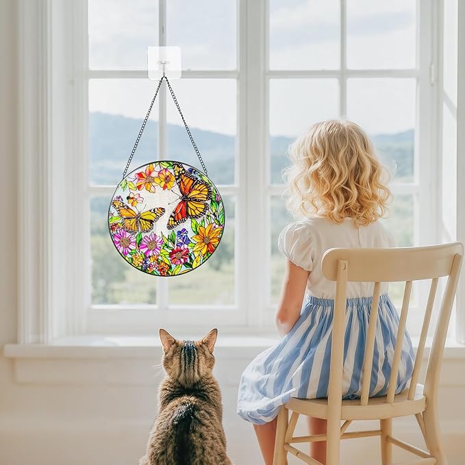 Suncatcher Stained Glass Window Hanging - Butterfly Glass Panel with Metal Chain and Hooks Handmade Sun Catcher Decoration for Window Garden Home Christmas & Birthday Gifts (8 Inch)