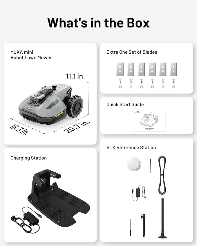 Mammotion YUKA Mini 700H Robot Lawn Mower with Replacement Blades, Reception 0.17 Acre, Max.0.35 Acre, Ultrasense AI Vision+ RTK, App Control, 50% Slope, Cutting Height 2''~3.5'', 15 Mowing Zones
