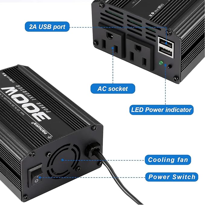 300W Power Inverter DC 12V to 110V AC Car Inverter with 4.2A Dual USB Car Adapter