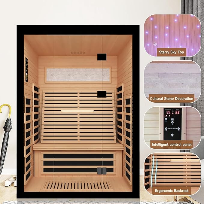 Far Infrared Home Sauna Room,2160W 7 Color Light Therapy Lamp Dry Saunas for Home,Infrared Sauna 2-3 Person,Canadian Hemlock Indoor Sauna Spa with Oxygen Bar,Starry Night Light Canopy