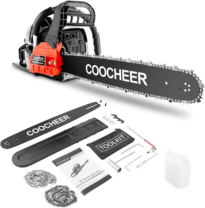 COOCHEER 62cc Gas Chainsaw 2-Cycle Cordless Chainsaw 20 Inch Handheld Chain Saw with 2 Chains & Carrying Bag for Cutting Wood Tree Trimming Farm Garden