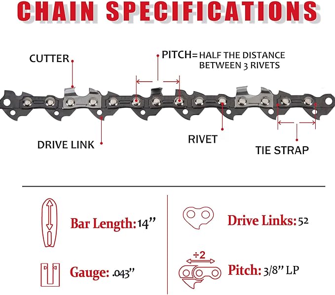 E & S 3 Pack 14 Inch Chainsaw Chain 3/8" LP Pitch .043" Gauge 52 Drive Links Semi-Chisel Chain Saw Chains for Husqvarna, Poulan, Craftsman, Greenworks and More Chainsaw Brands