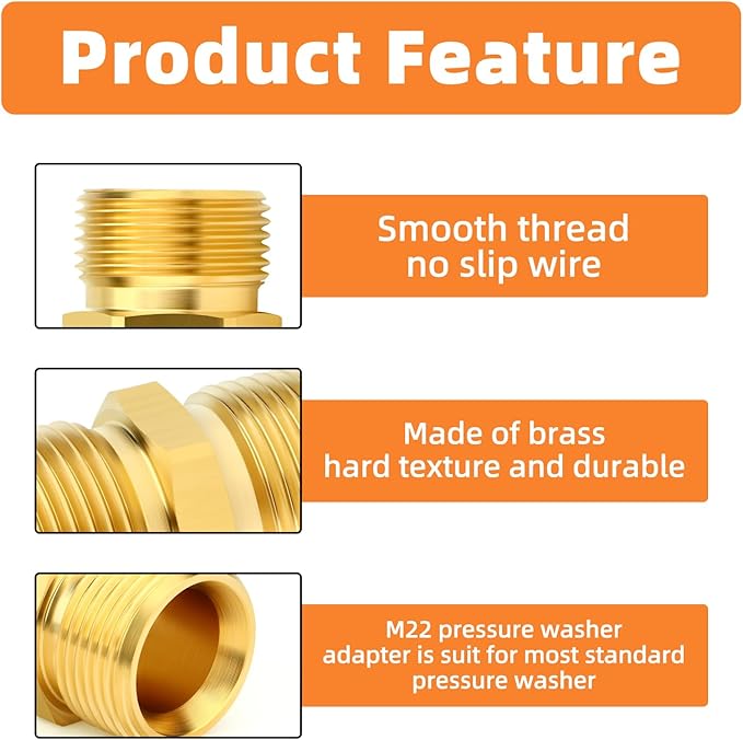 GASHER 2Pcs Brass M22 Pressure Washer Fitting,M22-14mm Male x M22-14mm Male Thread Fittings,For Pressure Washer Hose