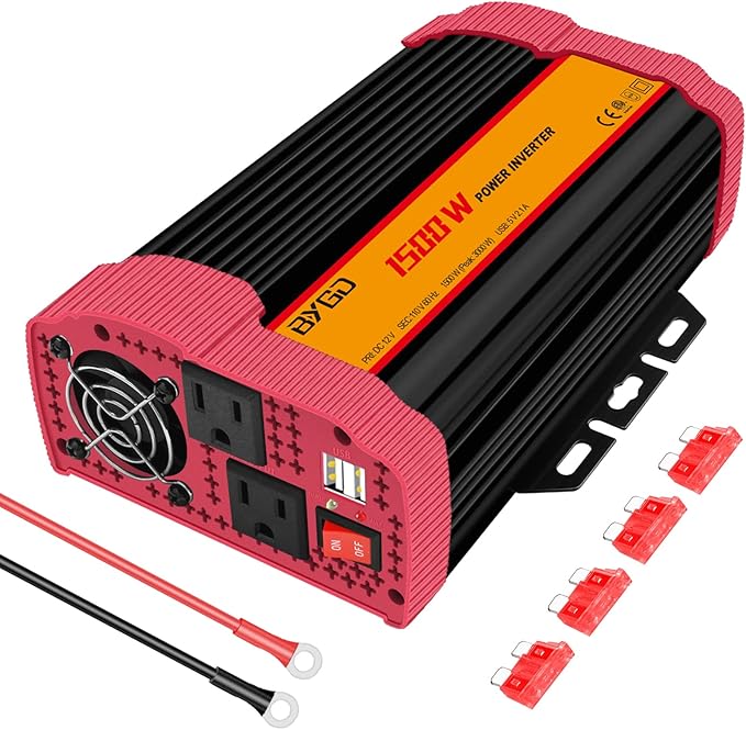 1500W Car Power Inverter DC 12V to AC 110V Car Converter Charger Adapter with Dual Outlets and 4.2A Dual USB Ports DC to AC Power Inverter for Truck Outdoor Home Camping RV Hurricane Emergency Red
