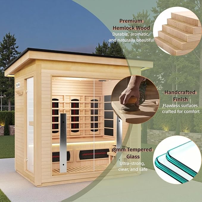 3-Person Far Infrared & Steam Dual-System Sauna Room, Outdoor Canadian Hemlock Wood Sauna, WiFi Control, Red Light Therapy, 11 Heaters& Electric Stove, Left Door, 220-240V