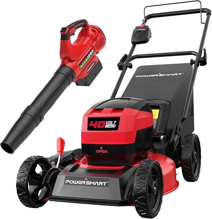 PowerSmart 40V 17" Brushless Cordless (Push) Lawn Mower + Leaf Blower (465 CFM), 4.0Ah Battery and Charger Included