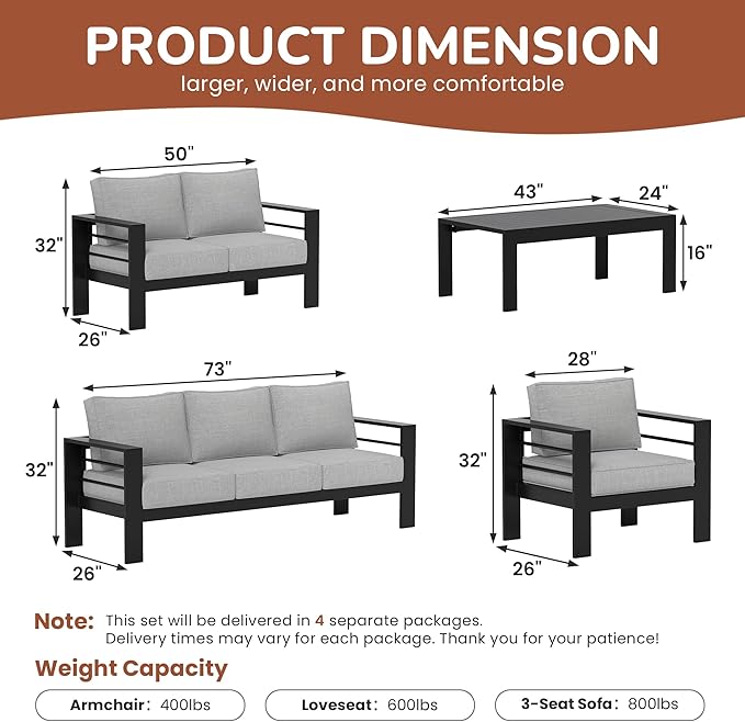Solaste Aluminum Patio Furniture Set for All Weather, Oversized Metal Outdoor Furniture Set with 27.5" Deep Seating and 3.2" Wide Armrest, Patio Conversation Set with 5" Cushion, Black and Grey