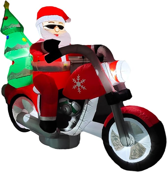 Fraser Hill Farm 7-Ft. Wide Santa on Motorcycle Blow Up Inflatable with Lights, Outdoor Christmas Inflatable Decoration for Lawn and Yard, Giant Festive Holiday Decor