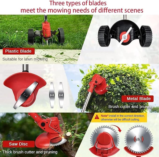 Electric Weed Wacker 21V Electric Weed Cordless Eater with 2pcs Batteries and 3 Types Blades&Auxiliary Wheel Weed Trimmer Lightweight 3 in 1 Stringless Grass Trimmer Edger/Brush Cutter for Lawn