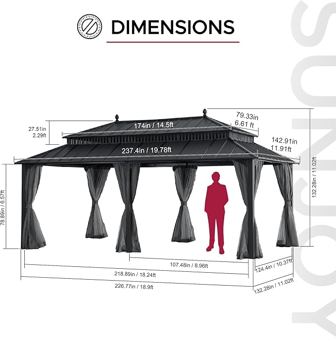 SUNJOY Kingston 20' x 12' Hardtop Gazebo with Galvanized Steel Double Roof, Curtain and Netting, Gray Aluminum Posts Permanent Pavilion Gazebo for Garden, Patio, Deck, Lawn