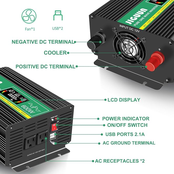 Pure Sine Wave Inverter,600W 12V to 110V Power Inverter Converter,USB Output LCD Display for Home Camping RV Emergency Appliance with Protective Cap