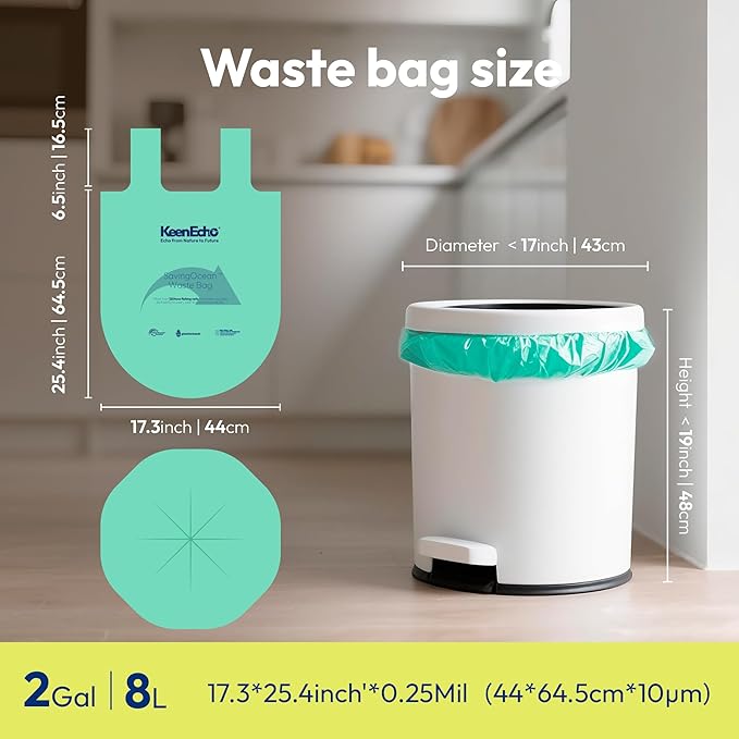 2 Gallon 200 Counts Small Green Trash Bags with Handle, Ocean Fishing Nets Upcycling, Sage & Sea Salt Scented, Plastic Garbage Bags, Waste Bag for Kitchen, Bathroom, Office and Pets