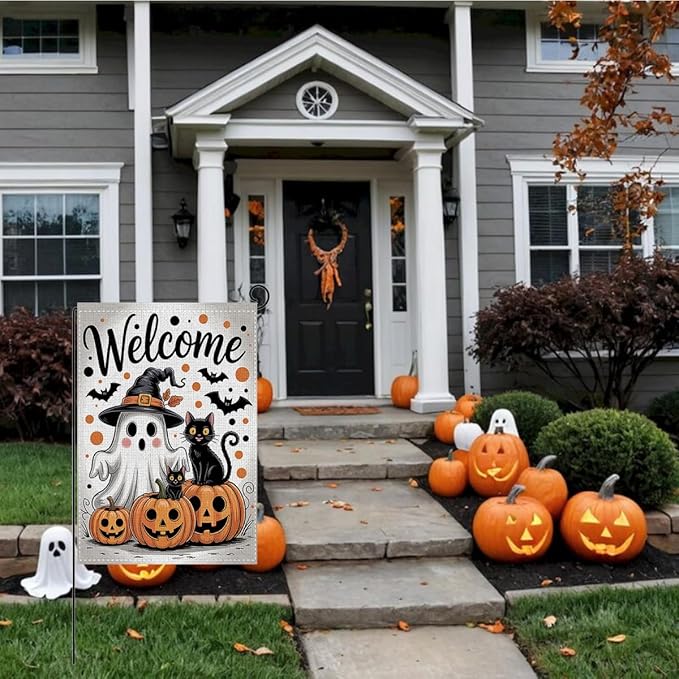 HTBIG Halloween Welcome Garden Flag, Halloween Ghost Pumpkin Black Cat Decor Flag, Yard Flags for Outside 12x18 inch, Outside Yard for Home Decorations