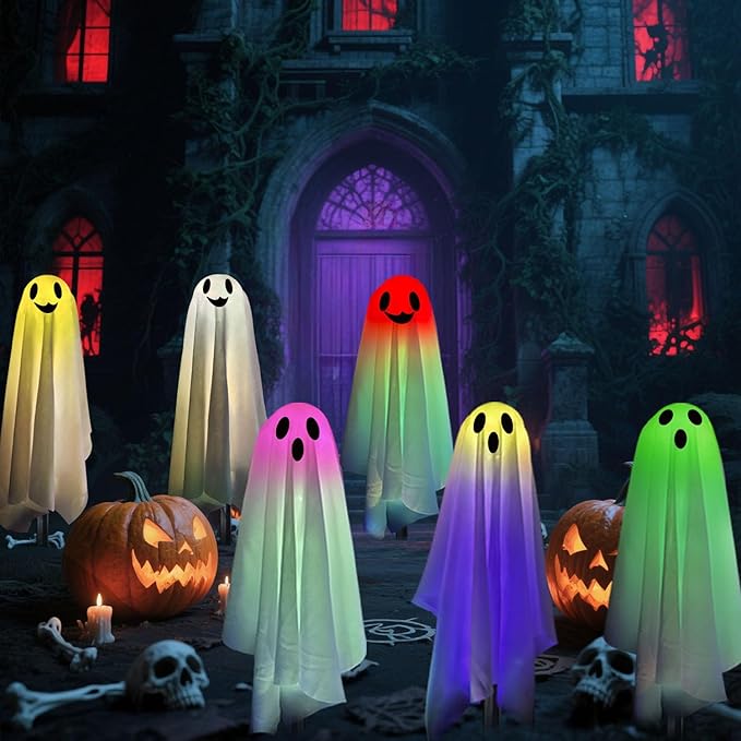 Halloween Ghost Pathway Lights with Stakes, 6PCS Solar Colorful Light Ghost Decorations, Waterproof Outdoor Lights for Yard, Lawn, Driveway, Halloween Decor