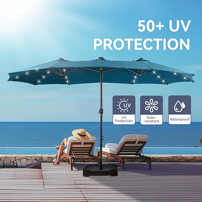GREEN PARTY 15 ft Rectangle Patio Umbrella with Solar Lights and Base Included, Double-Sided Market Table Umbrella with Crank, Large Outdoor Umbrellas for Patio Poolside Garden Backyard, Cerulean