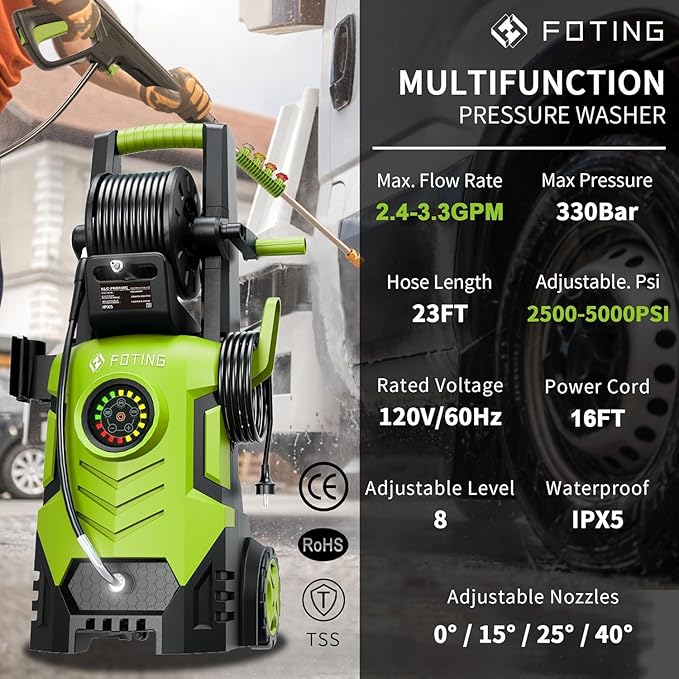 2025Upgraded Pressure Washer 5000PSI with Adjustable Touch Screen 8 Level, 34" Tall, 4 Quick Connect Nozzles,Inlet Hose&Filter&500mlFoam Cannon for Cars/Fences/Driveways/Home Cleaning,Yellow