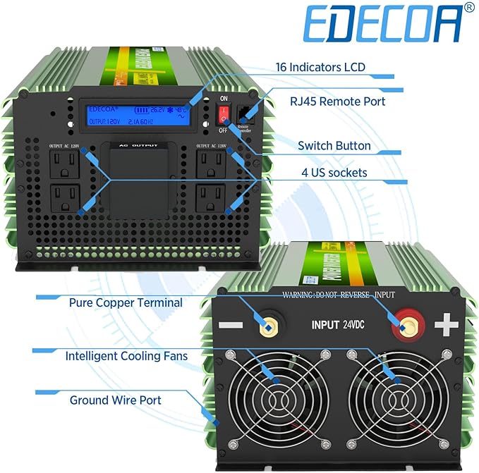 EDECOA 24V 3500W Pure Sine Wave Power Inverter 3500 Watts Model DC 24V to AC 110V 120V 4 AC Outlets and 1 Hardwire Terminal with LCD Display and Remote Controller