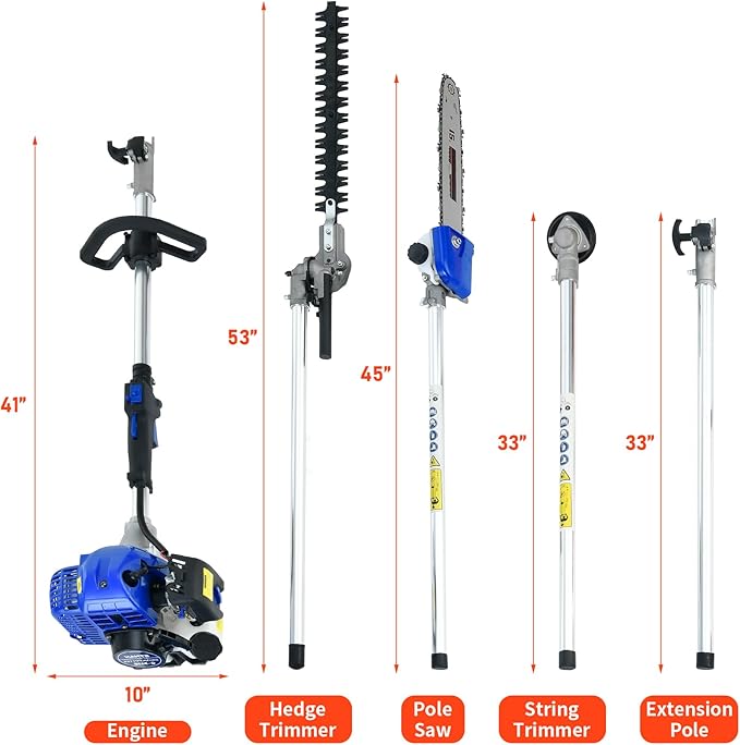 5 in 1 Multi Functional Trimming Tools 41.5cc Gas Hedge Trimmer Weed Eater String Trimmer Brush Cutter Pole Saw for Tree Trimming Grass Brush Cutting