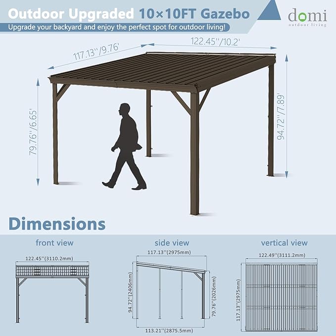 Domi 10’x10’ Wall-Mounted Hardtop Gazebo Pergola – Permanent Lean-to Outdoor Shelter with Sloped Galvanized Steel Roof & Upgraded Drainage – Grey Metal Patio Cover for Backyard, Deck, Garden, Brown