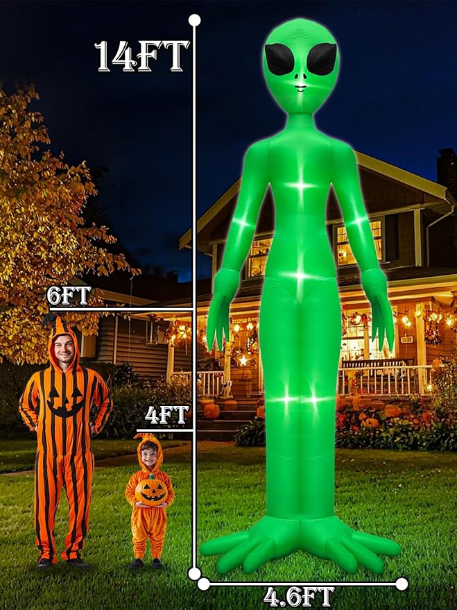 TURNMEON 14 Ft Giant Halloween Inflatable Alien Decoration with Built-in LEDs Outdoor Blow Up Alien Ghost Halloween Decor for Yard Garden Lawn Holiday Party