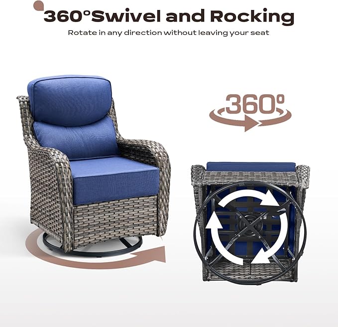 Rilyson Outdoor Patio Swivel Rocker Chairs Set of 2, Waterproof Wicker, High Back, Deep Seating, Wide Armrest, Upgraded 6 inch Thick Cushions, Ideal for Deck Porch Backyard, Mixed Grey/Blue