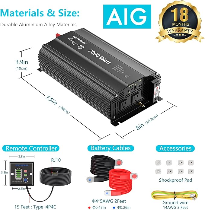 2000 Watt Pure Sine Wave Inverter 12V DC to 110V 120V AC 2000W Power Inverter with UL Fuses and 20A AC Hardwire Terminal Compatible with Lithium Battery for Home RV Truck Off-Grid Solar by VOLTWORKS
