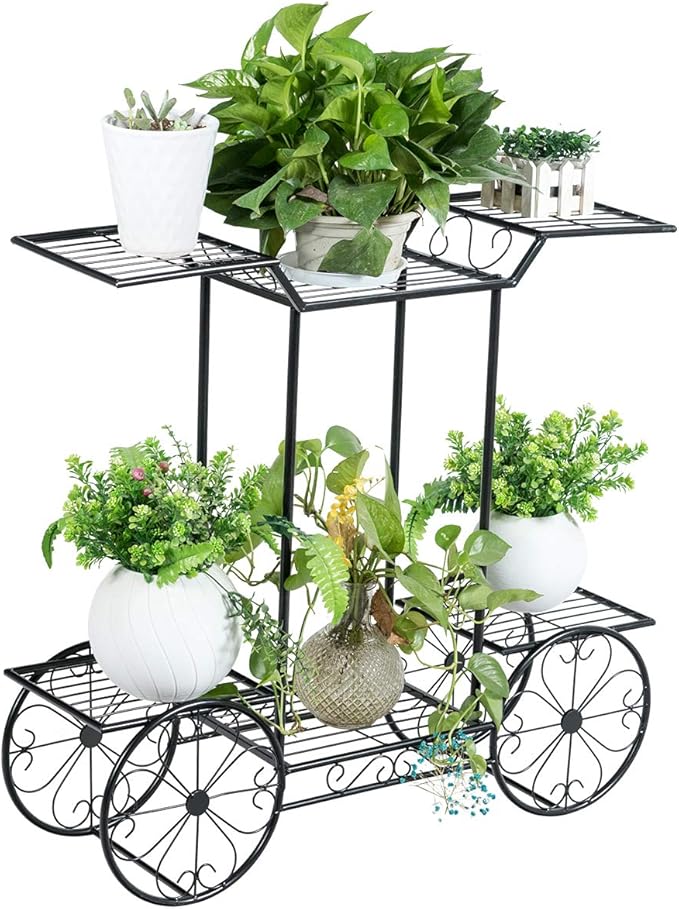 Safstar 6 Tiered Metal Plant Stand w/4 Decorative Wheels, Multilayer Flower Display Shelf for Home, Garden, Patio, Parisian Style Potted Plant Rack Holder