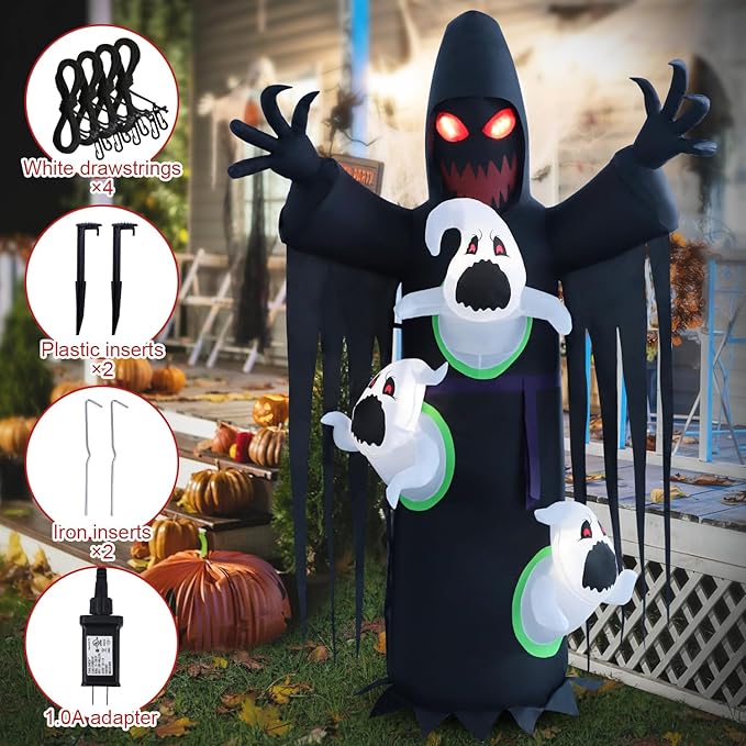 8ft Harvester with Runaway Ghost on Chest Halloween Inflatable Outdoor Decoration, Yard Decorations with LED Lights for Outdoor Lawn, Garden, Home Holiday Party