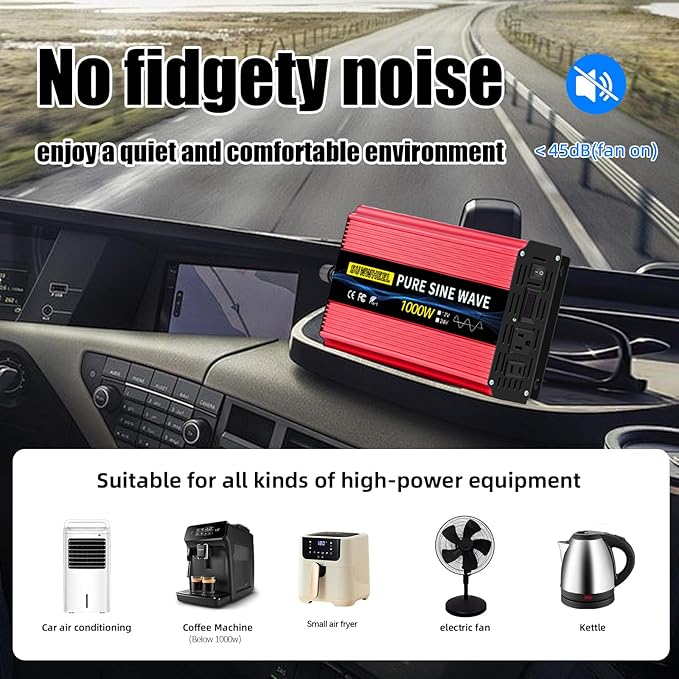 SUNWHEEL 1000W 24V Pure Sine Wave Inverter, 24V DC to 110V/120V AC Power Inverter for RV、Off Grid、Truck、Power Outage with 2 AC outlets and LCD Display