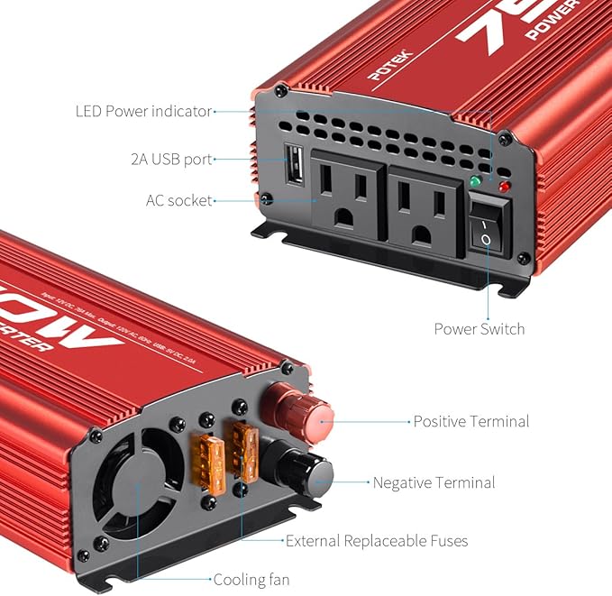 POTEK 750W Power Inverter DC 12V to AC 115V Car Converter with 2A USB Charging Port