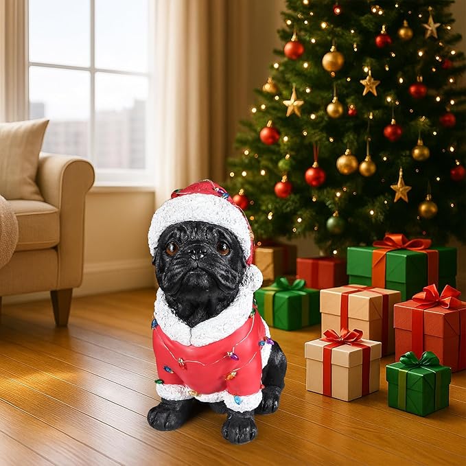 Christmas Outdoor Decoration Dog Statue, LED Light Cute English Bulldog Sculpture with Santa Outfit & Lights for Garden and Yard, Indoor Holiday Décor Gift for mom and dad