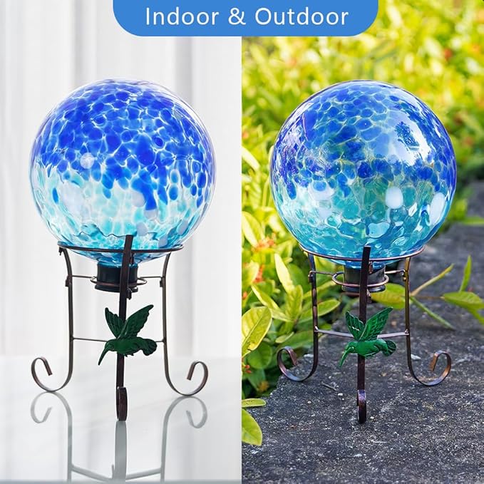 Stargarden Gazing Ball, 10 Inch Gazing Globe, Decorative Glass Balls with Metal Ball Holder, Mixed Blue Globe for Indoor, Outdoor Decor