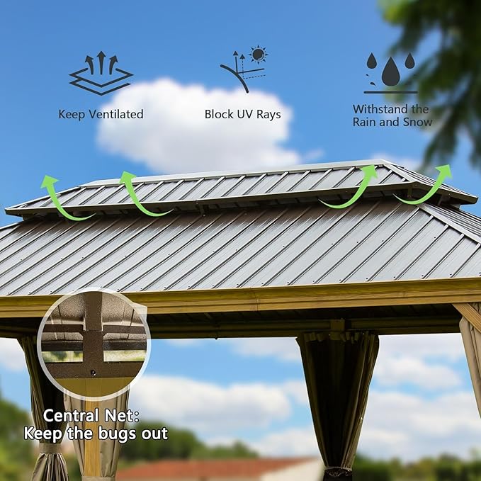 Domi 14'x24' Hardtop Gazebo Canopy,Outdoor Aluminum Gazebo with Galvanized Steel Double Roof, Extra Large Permanent Gazebo Pavilion for Patio Deck Backyard,Curtain and Netting,Wood Grain
