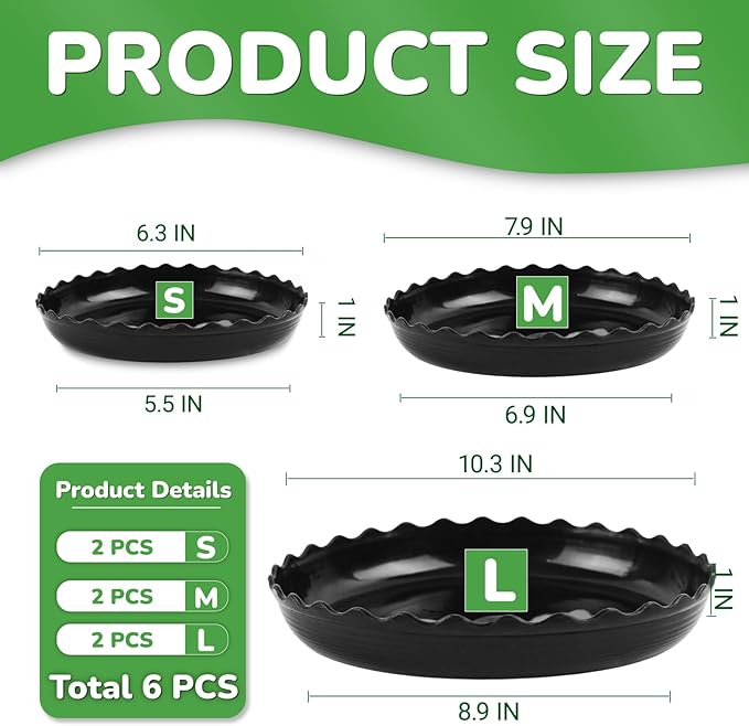 6 Packs Wave Plant Saucer - Plastic Flower Pot Drip Trays/Durable Heavy Duty Black Plant Tray for Indoor and Out Door Plant(6/8/10 inch)