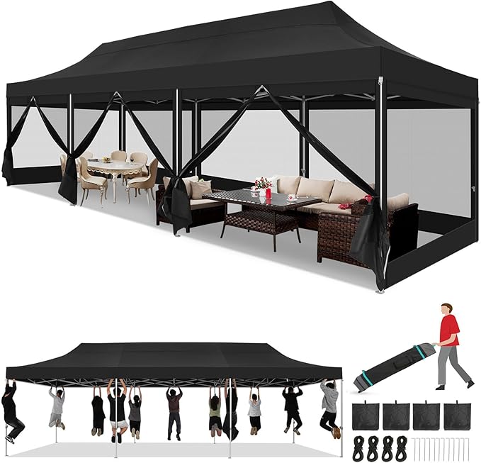 COBIZI 10x30 Heavy Duty Pop Up Canopy with 8 Sidewalls, Commercial Gazebo Party Tent with Mosquito Netting Wall Easy Set Up Outdoor Instant Screen Tent for Backyard, Patio, Garden, Black