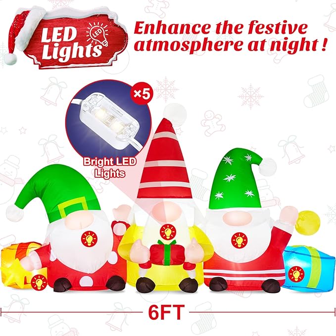 Danxilu 6 FT Christmas Inflatable 3 Gnomes Outdoor Decoration Blow Up Gnomes with Gift Boxes & Star Built-in LEDs Christmas Inflatable Yard Decorations for Outside Holiday Patio Garden Party