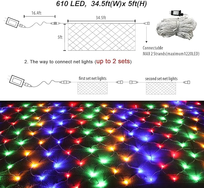 Christmas Net Lights, 610 LED Large Outdoor Net Mesh Lights 34.5X 5ft, 8 Modes Waterproof Twinkle String Lights Connectable for Bushes Halloween Yard Decor, Colorful