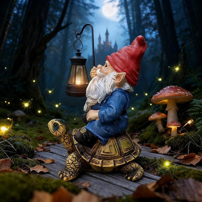 Garden Gnome Statue Riding Turtle - Garden Gnomes Decorations with Solar LED Lights, 7.9" Outdoor Resin Figurine Ornament for Patio, Yard, Funny Lawn Decor (Colored)