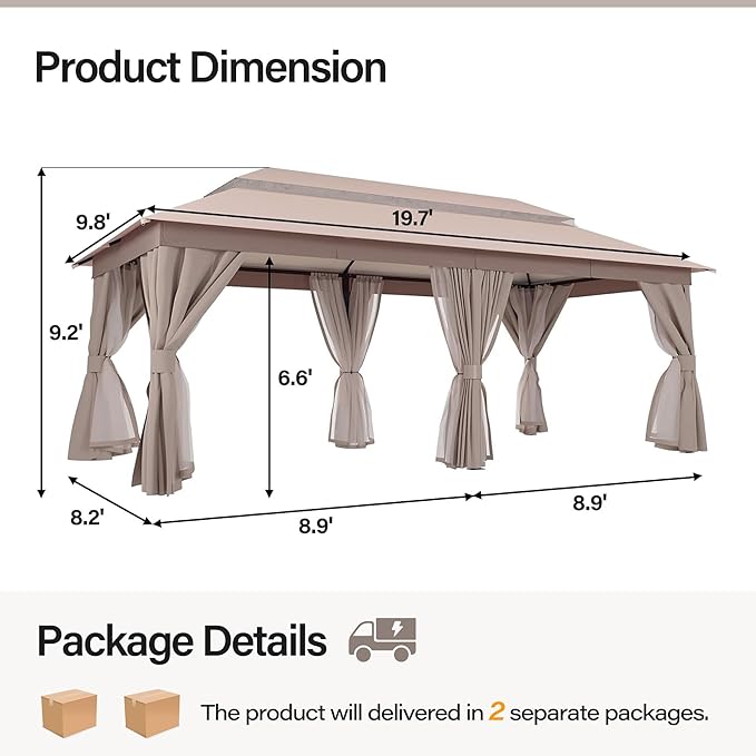 LAUSAINT HOME Outdoor Patio Gazebo 10'x20' with Expansion Bolts, Heavy Duty Party Tent & Shelter with Double Roofs, Mosquito Nettings and Privacy Screens for Backyard, Garden, Lawn, Champagne Khaki