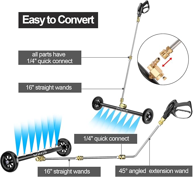 POHIR Undercarriage Pressure Washer Attachment Pro Max 24", Surface Cleaner Water Broom with 3pcs Extension Wand and Quick Connect Pivot Coupler 4000psi, 2 in 1 Underbody Car Washer