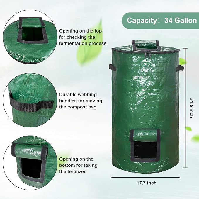 MyLifeUNIT Compost Bins Outdoor, Composting Bin for Outside Garden, Reusable Garden Yard Waste Bag, 34 Gallon (1 Pack, Green)